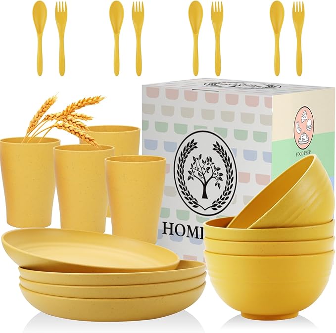 Homienly Wheat Straw Dinnerware Sets, 20pcs Unbreakable Microwave Dishwasher Safe Tableware Lightweight Bowls, Cups, Plates Set Reusable Dinner Plates Bowls set (Yellow)