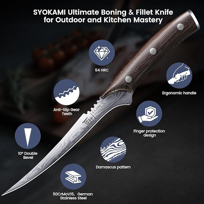 Fillet Knife, Razor Sharp 7.2 Inch Boning Knife, High Carbon Stainless Steel Filet Knives with High Flexibility, Wooden Handle, Full Tang Damascus Pattern Fishing Knives, Fishing Gifts for Men