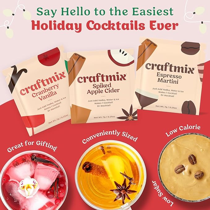 Craftmix Holiday Variety Pack, Makes 12 Drinks, Skinny Cocktail Mixers, Mocktails Non-Alcoholic Drinks - Made With Real Fruit - Vegan Low-Carb, Low-Sugar, Non-GMO, Dairy Free, Gluten Free, Easy to Mix