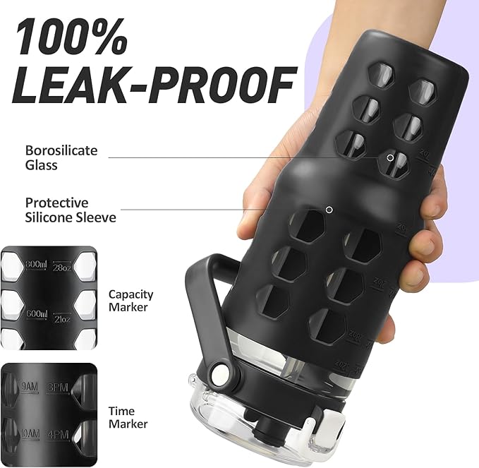 MUKOKO 32 oz Glass Tumbler with Straw,Glass Water Bottles with Time Marker,Iced Coffee Cup with Silicone Sleeve,Motivational Drinking Bottles,Leakproof-Black