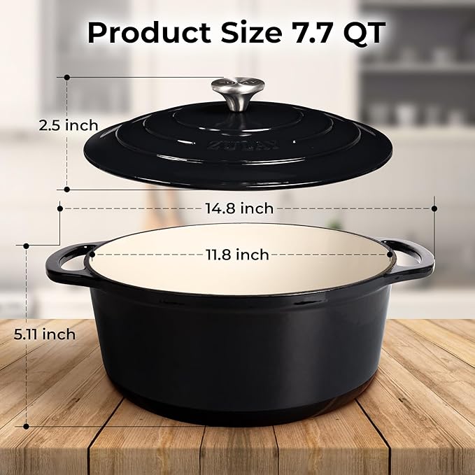 Zulay Kitchen 7.7 Quart Enameled Cast Iron Dutch Oven with Lid, Silicone Trivet & Heat Pad – Premium Durability & Oven Safe up to 500°F – Heavy Duty Cookware Perfect for Bread Baking, Stews, Braising & Roasting – Black