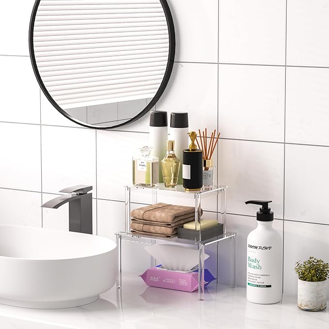 Acrylic Cabinet Organizer Shelf Set of 4, Clear Kitchen Counter Shelves Spice Rack, Pantry Kitchen Storage, Stackable, Expandable, Moisture Resistant