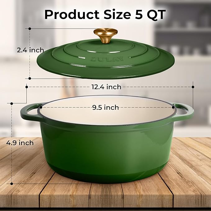 Zulay Kitchen 5 Quart Enameled Cast Iron Dutch Oven with Lid,Silicone Trivet & Heat Pad – Premium Durability & Oven Safe up to 500°F – Heavy Duty Cookware Perfect for Bread Baking, Stews, Braising & Roasting – Green