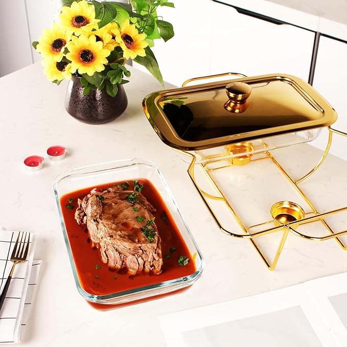 Casserole Dish Rectangle 2-in-1 Glass Baking Dish, with Stainless steel Lid and Gold rack, 1.3 Qt x 2 pcs Baking Pan For Casserole & Lasagna, Dishwasher Oven Freezer Microwave Safe