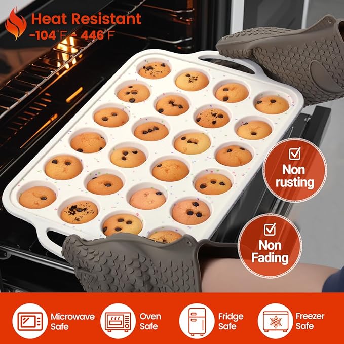 Mini Muffin Pan, Metal Reinforced Frame Mini Cupcake Pans 24 Cups Nonstick Muffin Silicone Molds with Handle for Baking Muffins, Cupcakes, Egg Bites 2 Pack