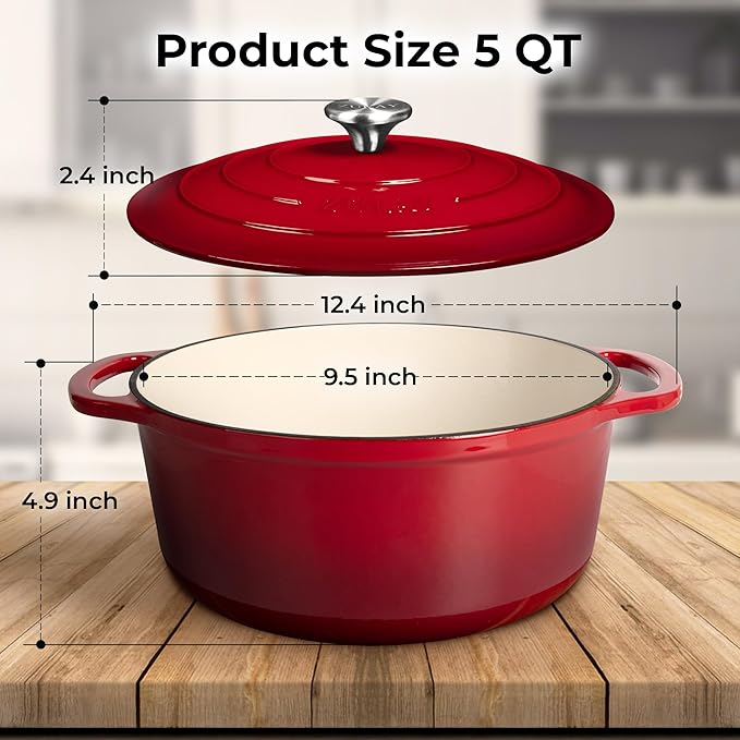 Zulay Kitchen 5 Quart Enameled Cast Iron Dutch Oven with Lid,Silicone Trivet & Heat Pad – Premium Durability & Oven Safe up to 500°F– Heavy Duty Cookware Perfect for Bread Baking, Stews, Braising & Roasting – Red