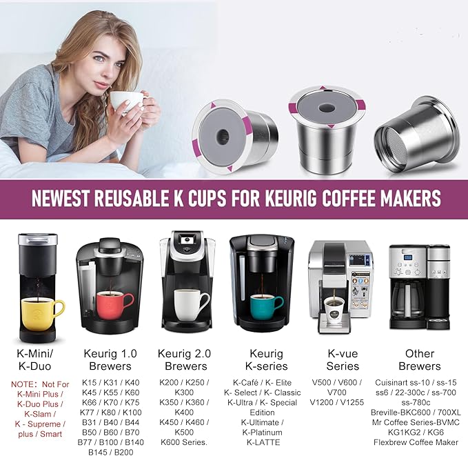 Reusable K Cups, Universal stainless steel Reusable Coffee Pods, Refillable Single K Cups for K 2.0 and 1.0 Coffee Makers (2-PACK)