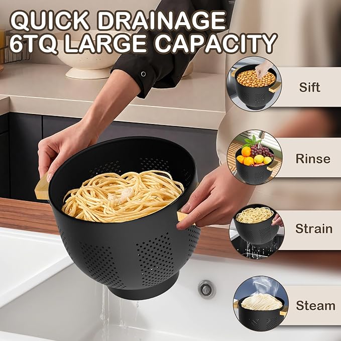 Colander for Kitchen, 6 QT Metal Colander with Wood Handle, Essentials Kitchen Gadgets Strainers and Colanders Food Strainer Basket for Draining Pasta Strainer, Vegetable & Fruit, Black