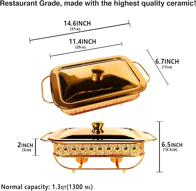 Casserole Dish 6" x 11" Glass Baking Dish with Stainless steel Lid and rack, Golden Rectangle 1.3 Qt Large Baking Pan For Casserole & Lasagna, Microwave Dishwasher Freezer Oven Safe