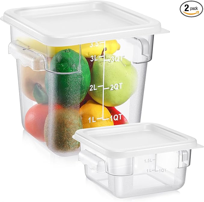 2 Pieces Square Food Storage Containers Polycarbonate Clear food Container with Lid Commercial Storage with Graduations for Commercial Kitchen Dough Marinating Meat (White,2 Qt,4 Qt)