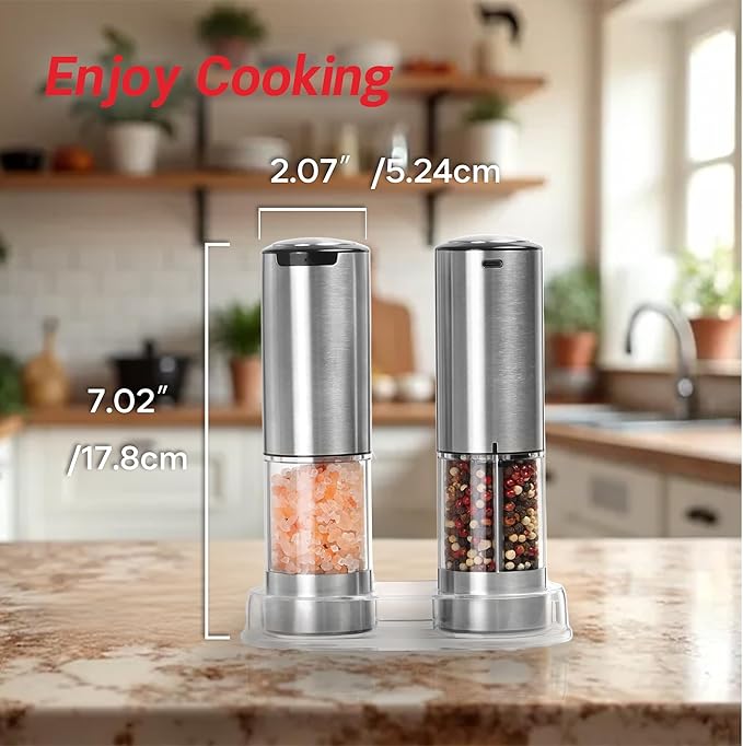 Electric Salt and Pepper Grinder Set – Automatic One-Handed Operation, Rechargeable Stainless Steel Mills, LED Light, 5-Level Adjustable Coarseness, Large 95ml Capacity and Clear Base