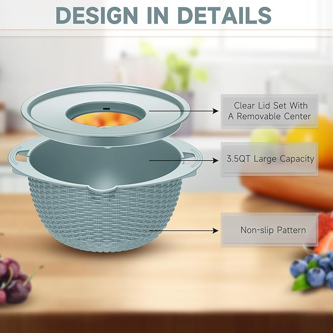 4-1 Strainer Bowl with Lid Set - Strainers and Colanders - Colanders for kitchen - Food Strainer with Graters & Spoons - Fruit Washing Bowl with Colander Pasta Rice Strainer for Veggie Wash - Blue