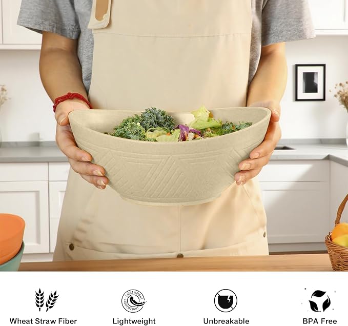 Large Bowls 65 OZ, Wheat Straw Bowls Set of 4, Unbreakable Salad Bowl, Microwave & Dishwasher Safe Big Bowl, Kitchen Serving Bowl for Salad, Cereal, Soup and Oatmeal (Beige)