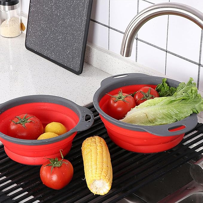 Collapsible Colander, Set of 2 Pcs Collapsible Strainer, Space-Saving Kitchen, Food-Grade Silicone Folding Strainer Colander with Handle, Red