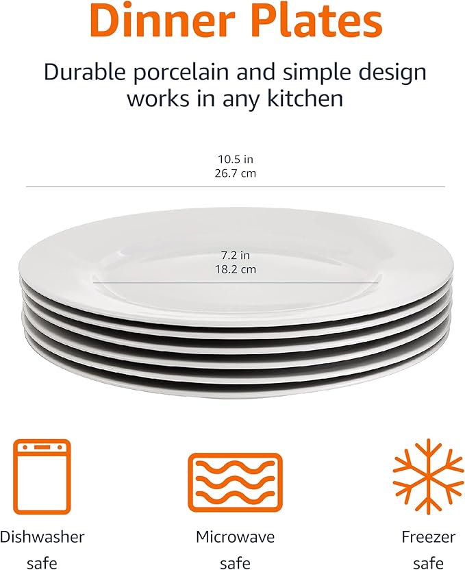 Amazon Basics 6-Piece White Dinner Plate Set, 10.5 inches