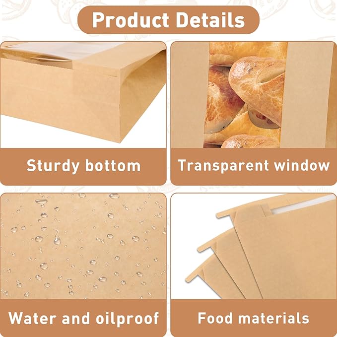 60-Pack Bread Bags for Homemade Bread Sourdough Bread Bags with Tin Tie Tab Lock, Kraft Paper Bakery Bag with Window and Label Seal Stickers for Packaging Baked Food Bread Storage (13.7''x8.2''x3.5'')