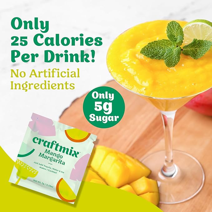 Craftmix Mango Margarita, Makes 12 Drinks, Skinny Cocktail Mixers, Instant Mix Mocktail Kit, Real Fruit, Vegan Low-Carb Non-GMO, Dairy Free, Gluten-Free, Easy to Mix