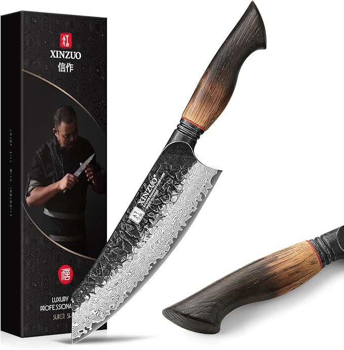 XINZUO 7.6 Inch Sharp Damascus Santoku Knife,Professional 67 Layers Damascus Steel Kitchen Meat Knife for Home and Kitchen,10Cr15CoMoV Steel Core,With White Oak + Red G10 Gasket Handle