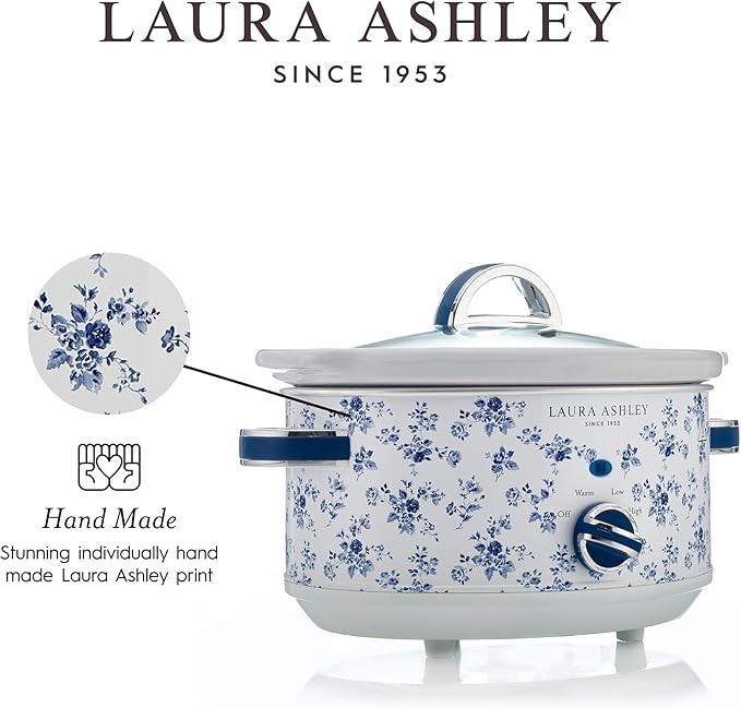 Laura Ashley Slow Cooker 6.8 Quart - Large Slow Cooker 6.8 QT for 8 to 10 People - Energy Efficient Slow Cookers with 3 Heat Settings - Dishwasher Safe Removeable Ceramic Crock & Tempered Glass Lid