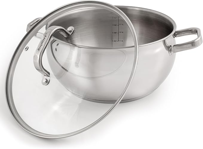 BergHOFF Belly Shape 18/10 Stainless Steel 9.5 inches Stockpot 5.5qt., Glass Lid with Steam Vent, Fast, Evenly Heat, Induction Cooktop Ready