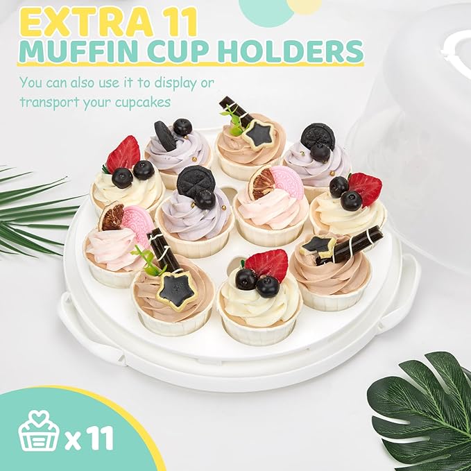 Ohuhu Cake Container, Cake Carrier with Lid and Handle BPA-Free Cake Holder for 10 inch Cake with 2 Handles Cupcake Carrier - Plastic Cover Two Sided Base for Transport Pies Nuts Fruit
