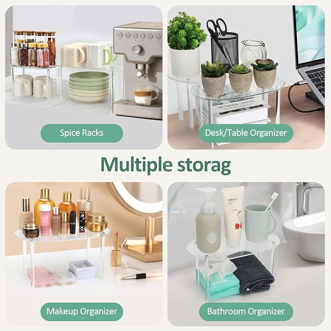 Clear Cabinet Organizer, Storage Shelf Set of 2 | Stackable Kitchen Counter Shelves for Spice Racks, Pantry & Countertop Storage | Space-Saving Bathroom/Desk Organizer