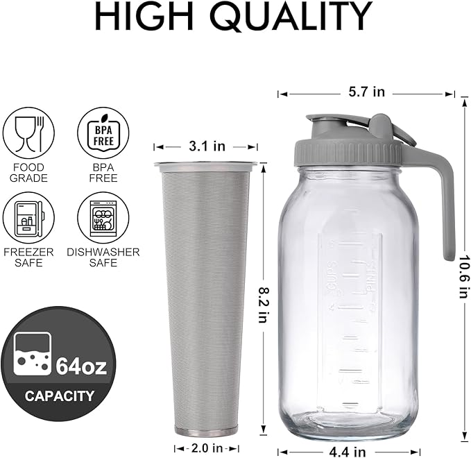 Cold Brew Mason Jar iced Coffee Maker, Durable Glass, - 64 oz (2 Quart / 1.9 Liter), With Handle& Stainless Steel Filter for Iced Brew Coffee, Lemonade, Ice Tea, Homemade Fruit Drinks Container