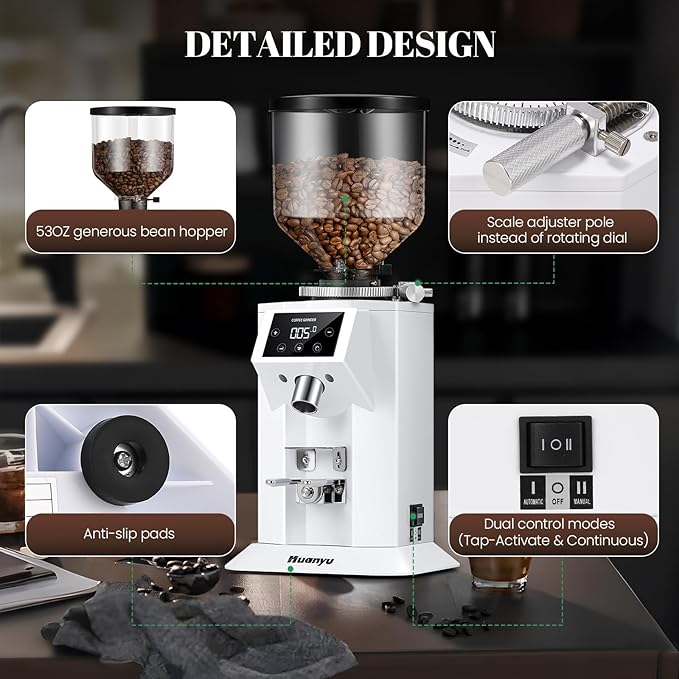 Huanyu Professional Coffee Grinder with 74mm Flat Burr 53ounce Bean Hopper 15 Infinite Grinding Settings Electric Coffee Grinder with Touching Screen White