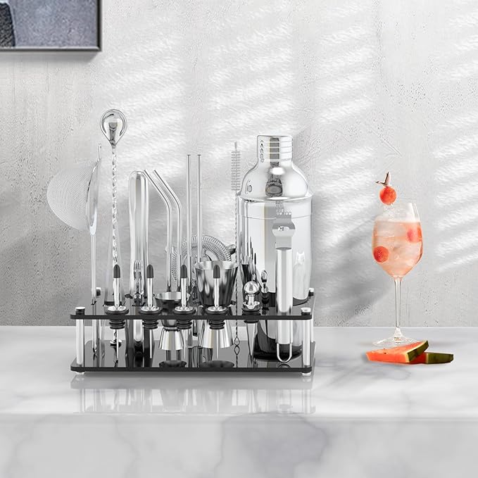 Cocktail Shaker Set with Stand, 22-Piece Bartender Kit with 17 Recipe, Stainless Steel Bar Accessories for Drink Mixing, Bar, Home, Lounge, Party, Newbie Friendly, Gift Set
