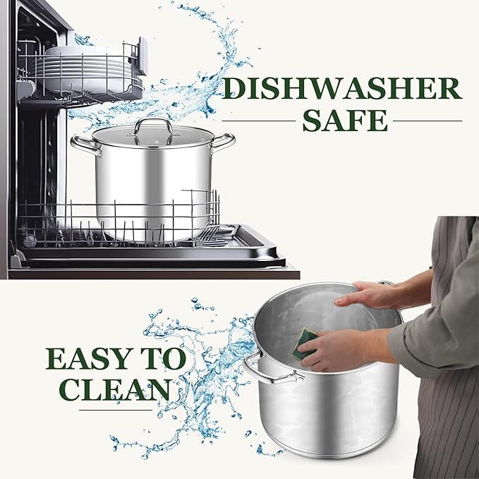 Leonyo Stainless Steel Stock Pot, 24QT Large Pot For Cooking, 18/10 Stockpot with Glass Lid for Stewing Simmering Boiling, Heavy-Duty 3-ply Bottom for All Stoves, Dishwasher Safe & Food Grade Cookware