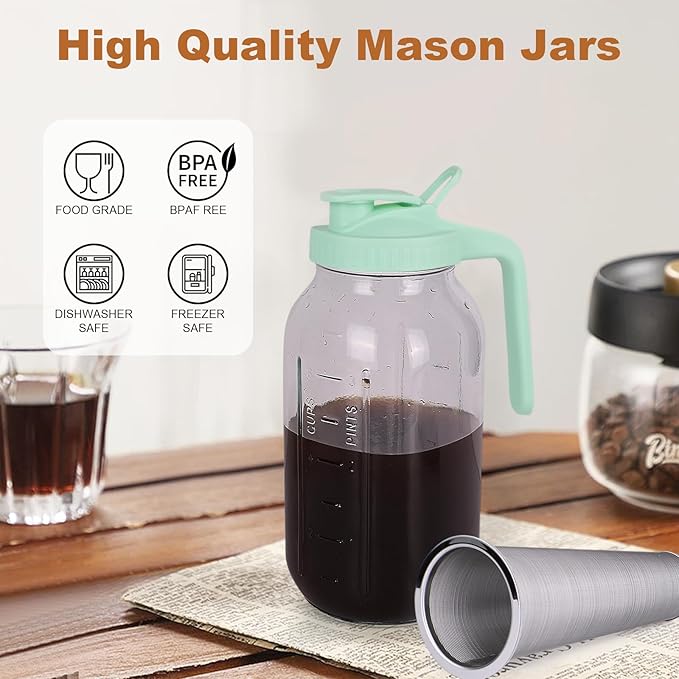 Cold Brew Coffee Maker,64 oz Wide Mouth Mason Jar Pitcher with Stainless Steel Filter, Pour Spout Handle Lid, Heavy Duty Glass Airtight & Leak-Proof Pitcher for iced coffee & Tea Lemonade-Green