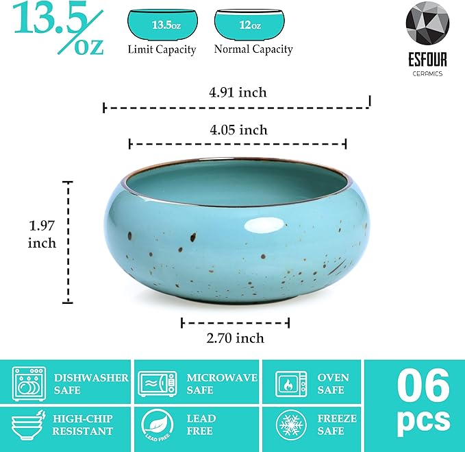 Small Hand Craft Dessert Bowls - 12oz, Set of 6 - Microwave, Oven, Dishwasher Safe, Ice Cream,Soup,Snacks, Rice, Cereal, Chili, Side Dishes, Dips, Ideal Gift - Natural Assorted Colors