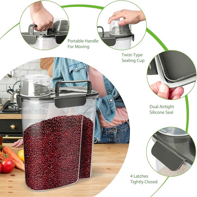 Rice Storage Container, 5 to 10lb Dry Food Airtight Dispenser, Pet Dog Cat Food Canister, BPA Free Clear Plastic Kitchen and Pantry Bin for Oatmeal, Cereal, Pasta, Flour Pack of 2 Grey