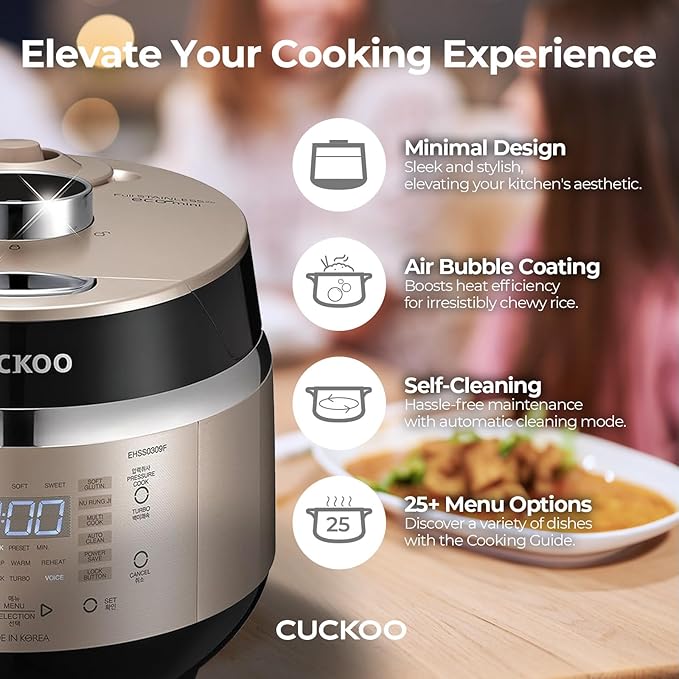 CUCKOO CRP-EHSS0309FG 3-Cup (Uncooked) / 6-Cup (Cooked) Induction Heating Pressure Rice Cooker with Nonstick Inner Pot, 16 Menu Modes, Fuzzy Logic Tech, 3 Voice Guide, Auto Clean (Gold)