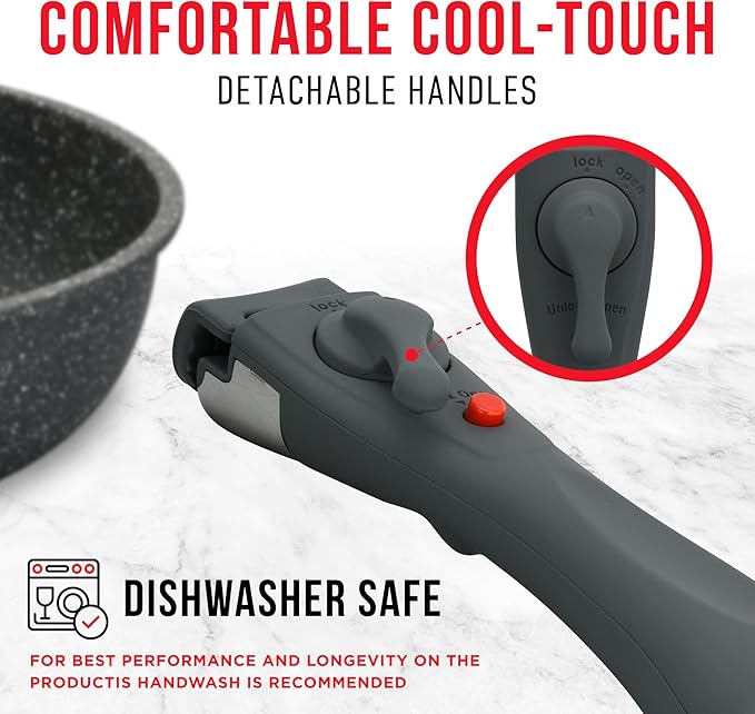 Pots & Pans Set Non Stick Ceramic-Granite – 14-Piece Cookware with Detachable Handles, Stackable Space-Saving, Dishwasher Safe, Oven & All-Stove Safe, Tempered Glass Lids, Black Granite