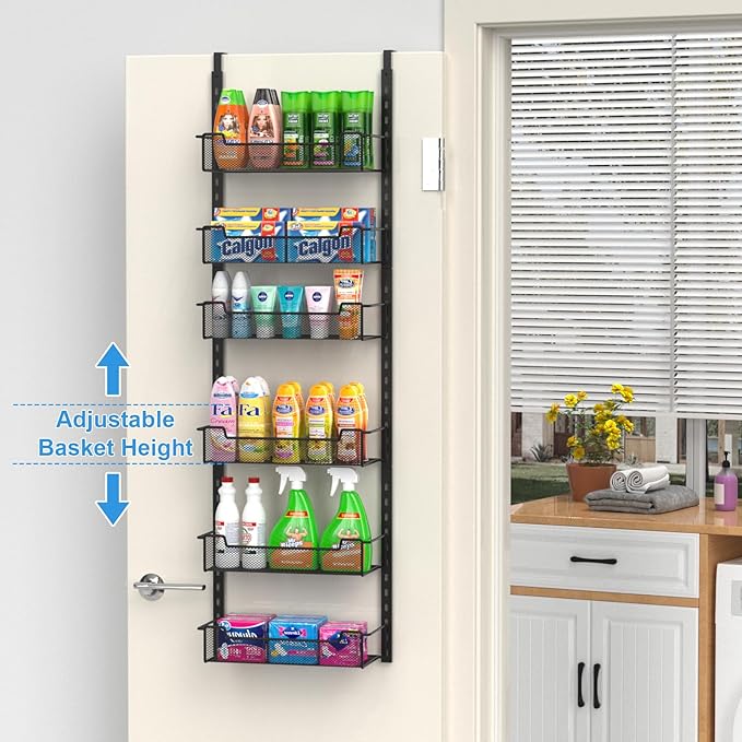 12.3" W Narrow Over the Door Pantry Organizer, 6-Tier Over the Door Organizer with Adjustable Basket, Pantry Door Organization for Pantry Kitchen Storage Room Spice Rack, Black