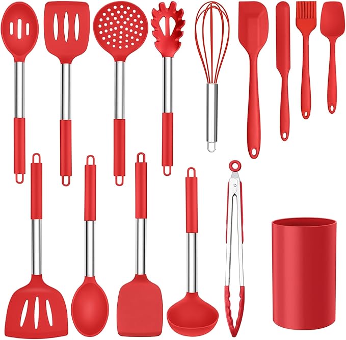 15 Pcs Silicone Cooking Utensils Set, Red Kitchen Utensils Spatula Set with Holder, Large Kitchen Gadgets Tools for Nonstick Cookware