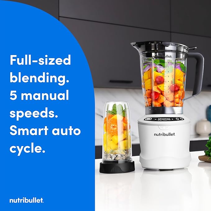 nutribullet® SmartSense Blender Combo, 1400W, 64oz Pitcher, 32oz & 24oz Cups, 5-Speed, Smoothies, Ice and Frozen Fruit, Nut Milk, Soup, Matte White, NBF50700AW