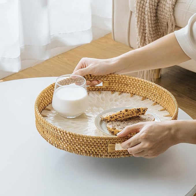 13.8 in Round Rattan Serving Tray with Handle, Mother of Pearl Inlay Wooden Base, Decorative Wicker for Table, Kitchen Island & Home Decor (White Leaf)