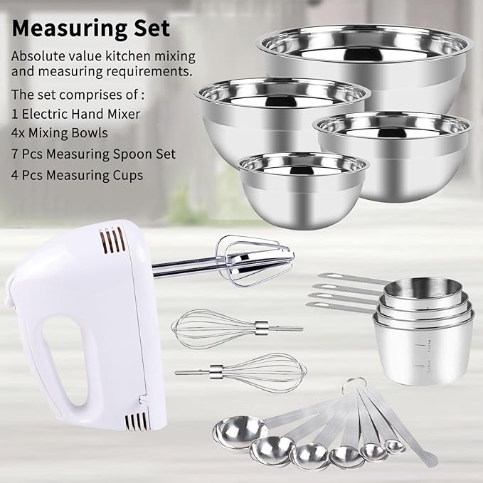 Hand Mixer Electric Mixing Bowls Set, 5 Speeds Handheld Mixer with 4 Nesting Stainless Steel Mixing Bowl, Measuring Cups Spoons 200W Kitchen Blender Whisk Beater Baking Supplies For Beginner