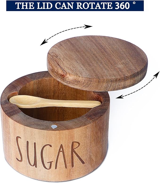 Acacia Wood Spice Box with Swivel Lid and Built-in Spoon for Kitchen Countertop,Farmhouse Kitchen Decoror for Storing Salt, Peppers, Sugar or Seasonings (Labeled “SUGAR”)