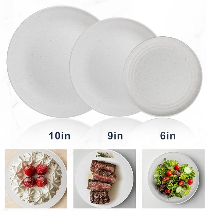 Wheat straw bowl and plate sets of 40 with cups for kids - Unbreakable plastic dinnerware sets service for 8 - Microwave and Dishwasher safe dish sets for kitchen and camping. White