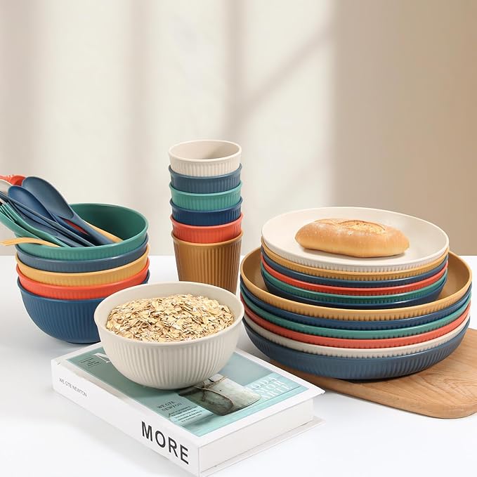 OAMCEG Wheat Straw Dinnerware Sets 42pcs, Plates and Bowls Sets for 6, Plastic Wheatstraw Dinnerware Set for Kitchen & Camping, Plates and Bowls Dish Set, Colorful