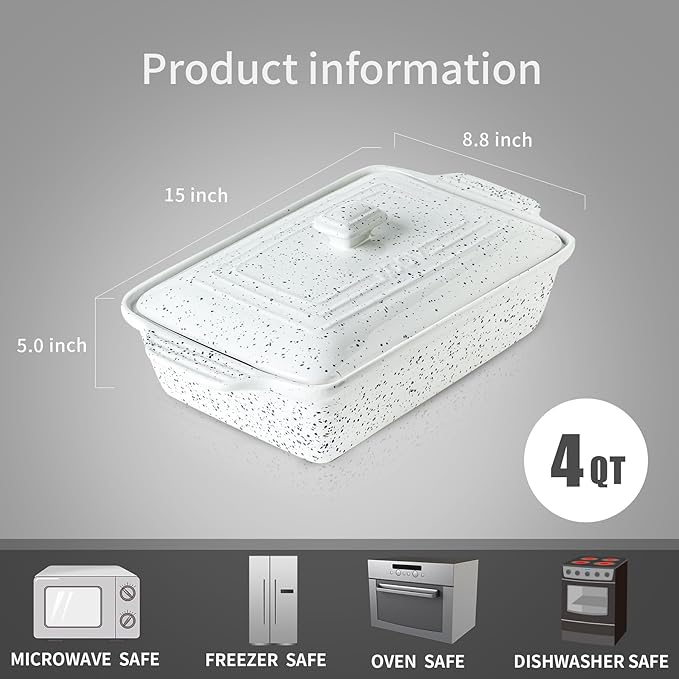 KOOV Ceramic Casserole Dish with Lid, Covered Rectangular Casserole Dish Set, Lasagna Pans with Lid for Cooking, Baking dish With Lid for Dinner, 9 x 13 Inches, Splash Series (Splashed White)