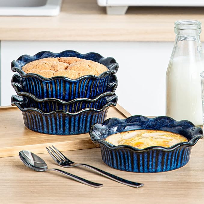 vancasso Mini Pie Pans Set of 6, 5.2 Inch Ceramic Deep Dish Pie Plates with Ruffled Edge for Baking, Microwave & Oven Safe, Blue