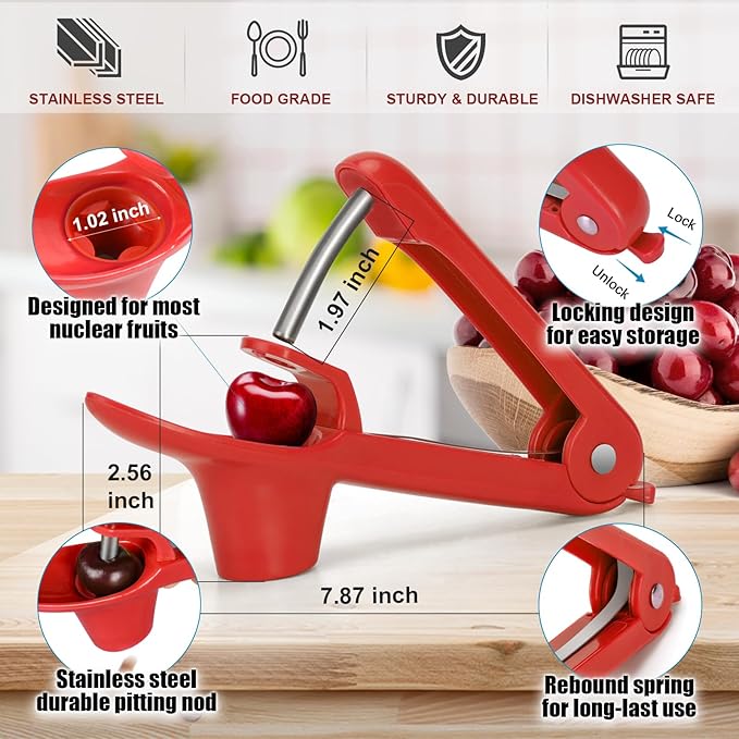 SCHVUBENR Cherry Pitter Tool - Stainless Steel Cherry Corer Pitter with Ergonomic Push Design - Easy to Use for Making Cherry Jam - Pit Cherry with Ease, Saving Time & Space with Lock Design(Red)