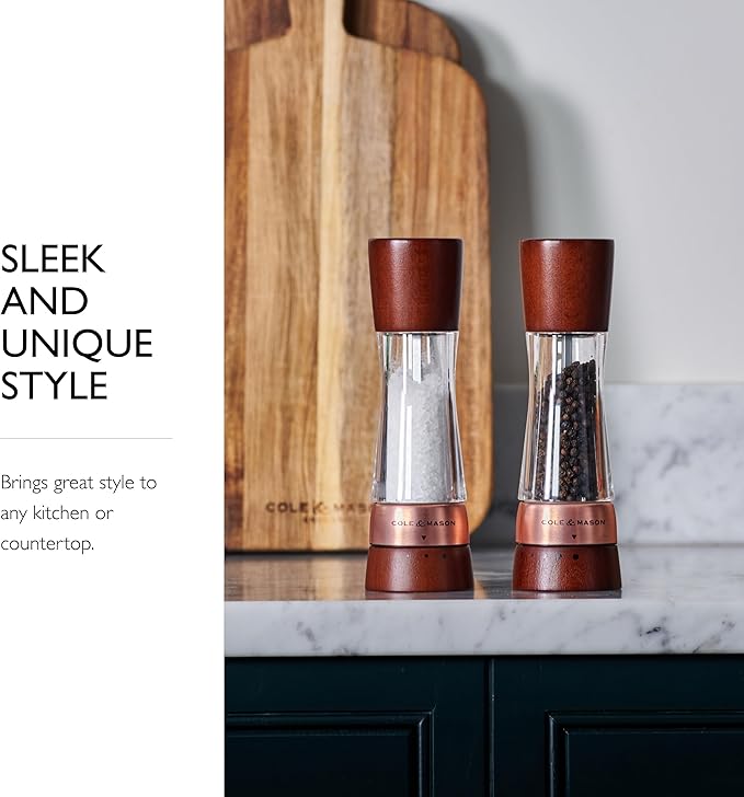 Cole & Mason Derwent Pepper Mill - Gourmet Precision Pepper Grinder - Refillable Seasoning and Spice Tools - Adjustable Black Peppercorn Grinder Settings - Rose Gold