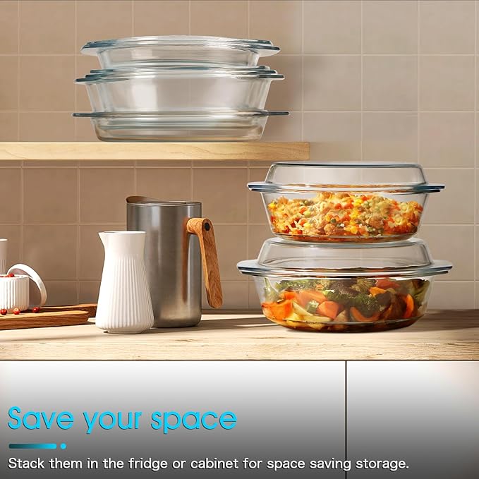 NUTRIUPS 3QT Round Glass Casserole Dish with Lid, Tempered Glass, 10inch Large Glass Microwave Bowls with Lid