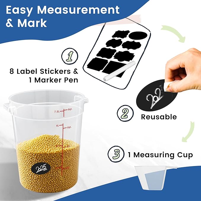 4 Pack 8QT Round Food Storage Containers with Lids, BPA-Free Polypropylene NSF Commercial Food Container, with Labels & Measuring Cup