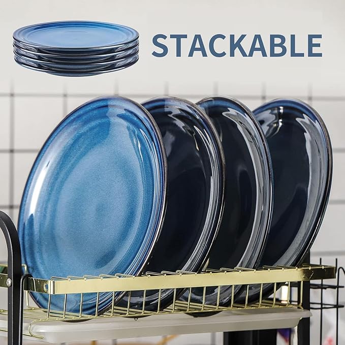 glowworm 10 Inch Ceramic Dinner Plates Set of 4, Salad Plates for Steak, Pasta, Microwave, Oven & Dishwasher Safe, Scratch Resistant, Navy Blue